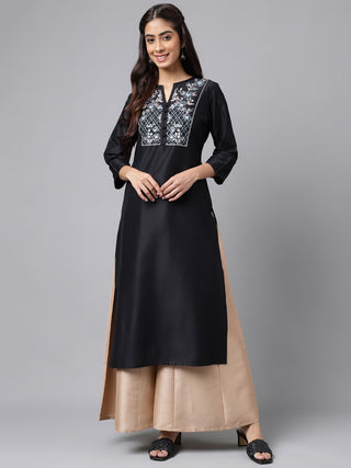 Janasya Women's Black Poly Silk Solid Festive Straight Kurta - Distacart