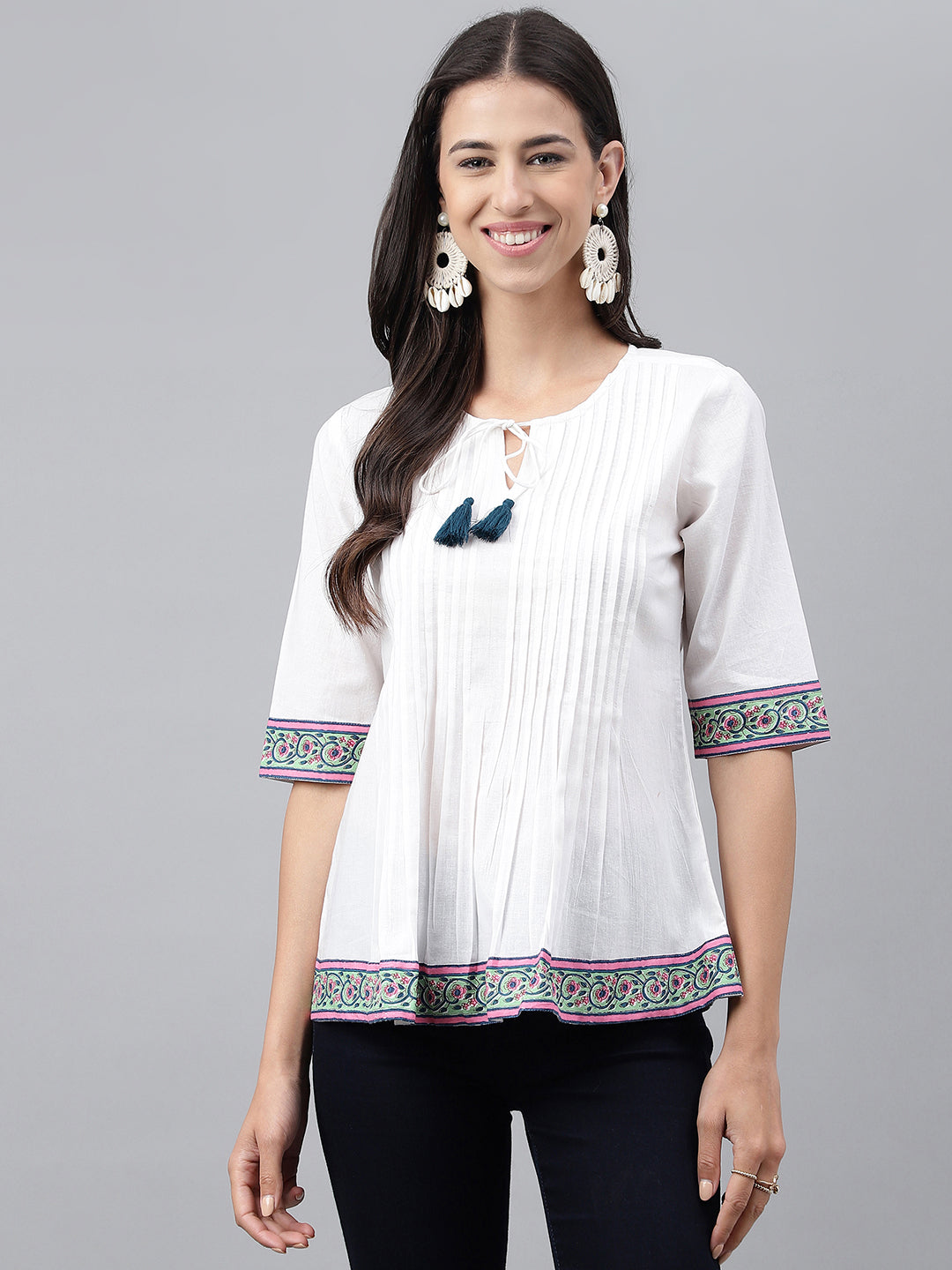 Janasya Women's White Cotton Solid Casual A-Line Top - Distacart