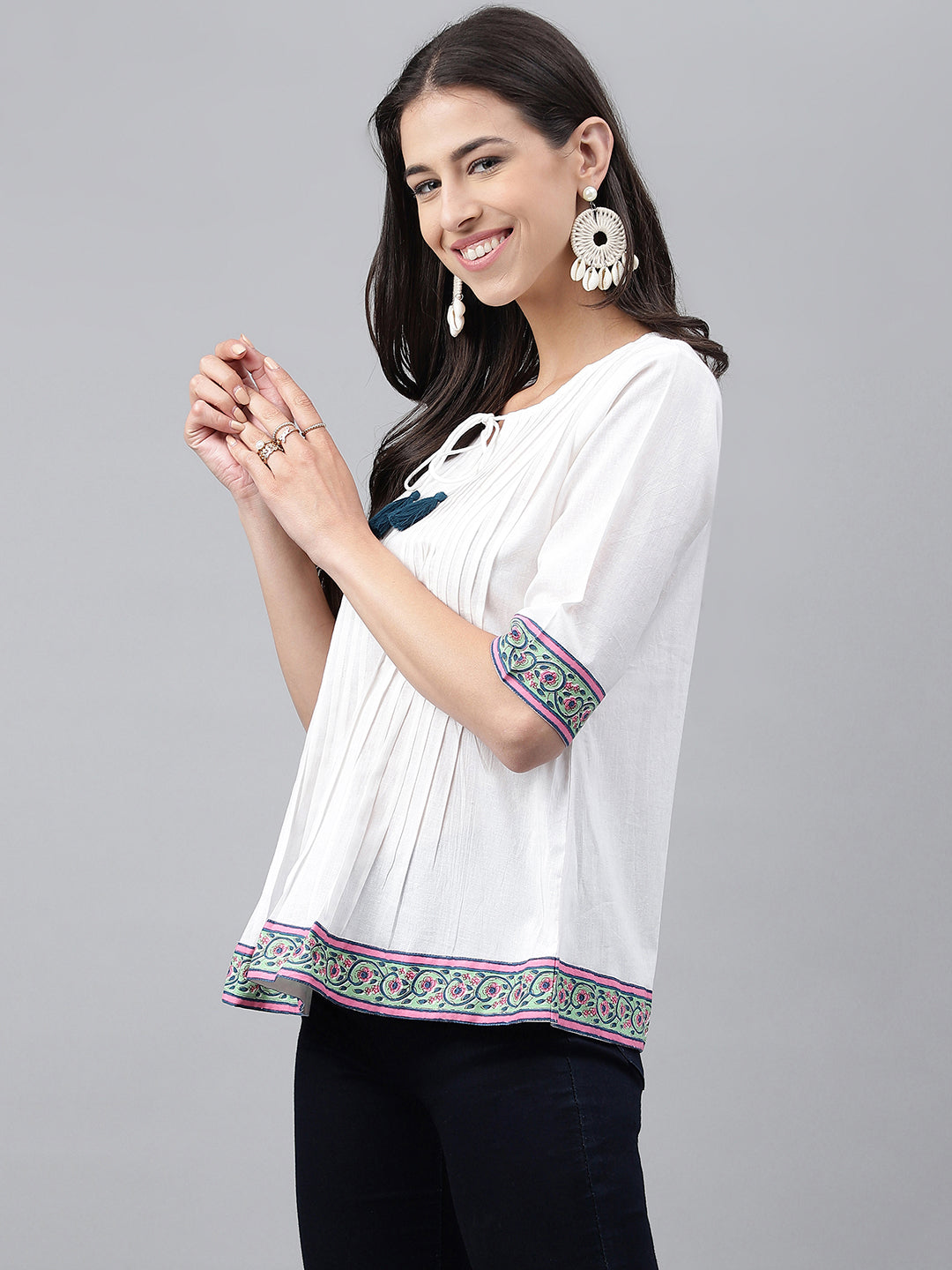 Janasya Women's White Cotton Solid Casual A-Line Top - Distacart