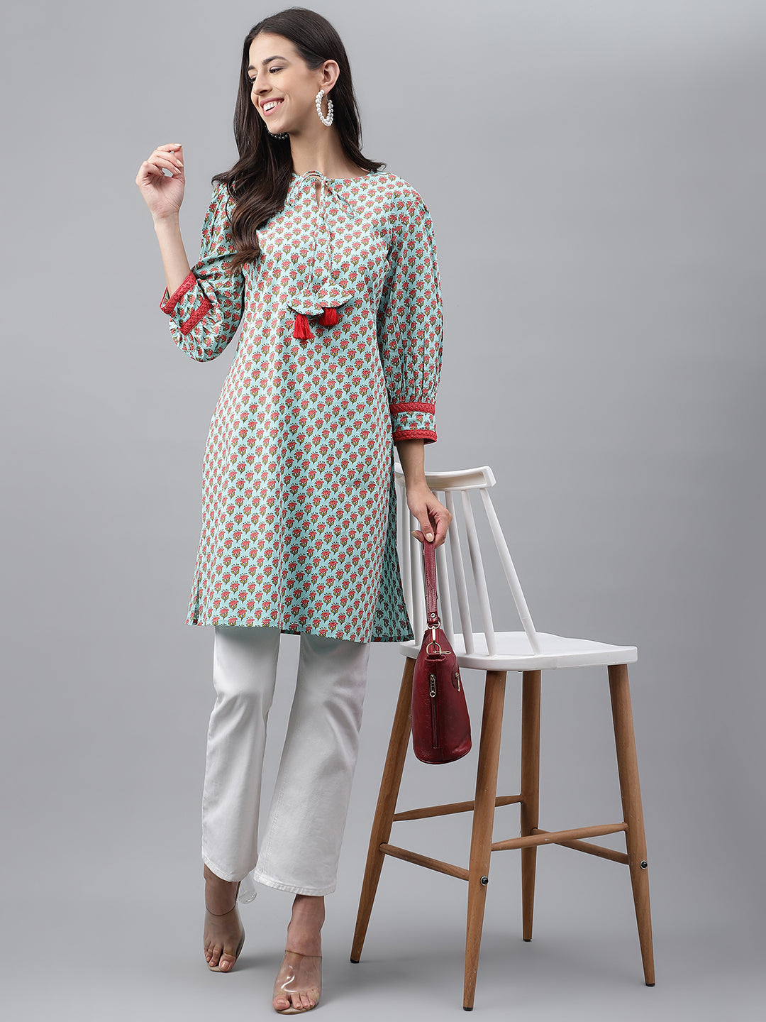 Janasya Women's Light Green Cotton Floral Printed Casual Regular Tunic - Distacart