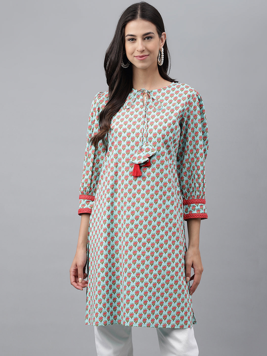 Janasya Women's Light Green Cotton Floral Printed Casual Regular Tunic - Distacart