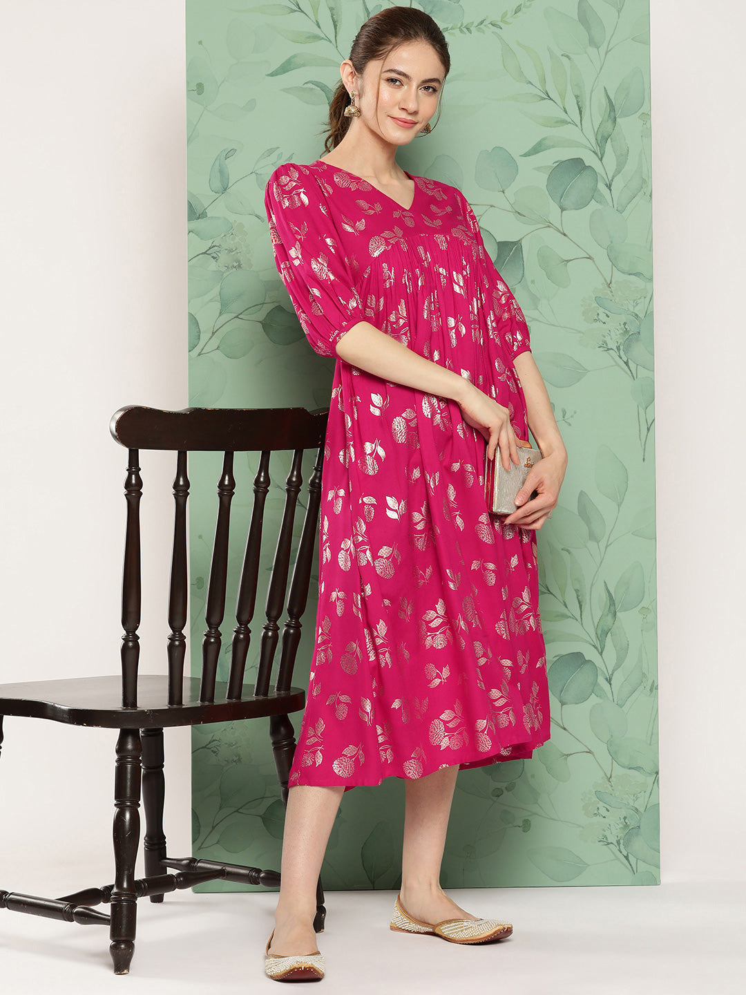 Janasya Women's Pink Rayon Foil Printed Festive Gathered Kurta - Distacart