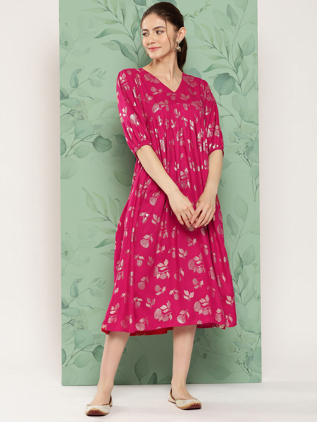 Janasya Women's Pink Rayon Foil Printed Festive Gathered Kurta - Distacart