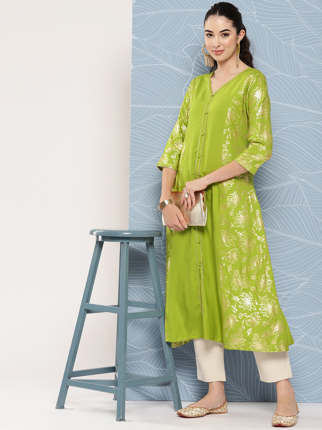 Janasya Women's Lime Green Rayon Foil Printed Festive A-Line Kurta - Distacart