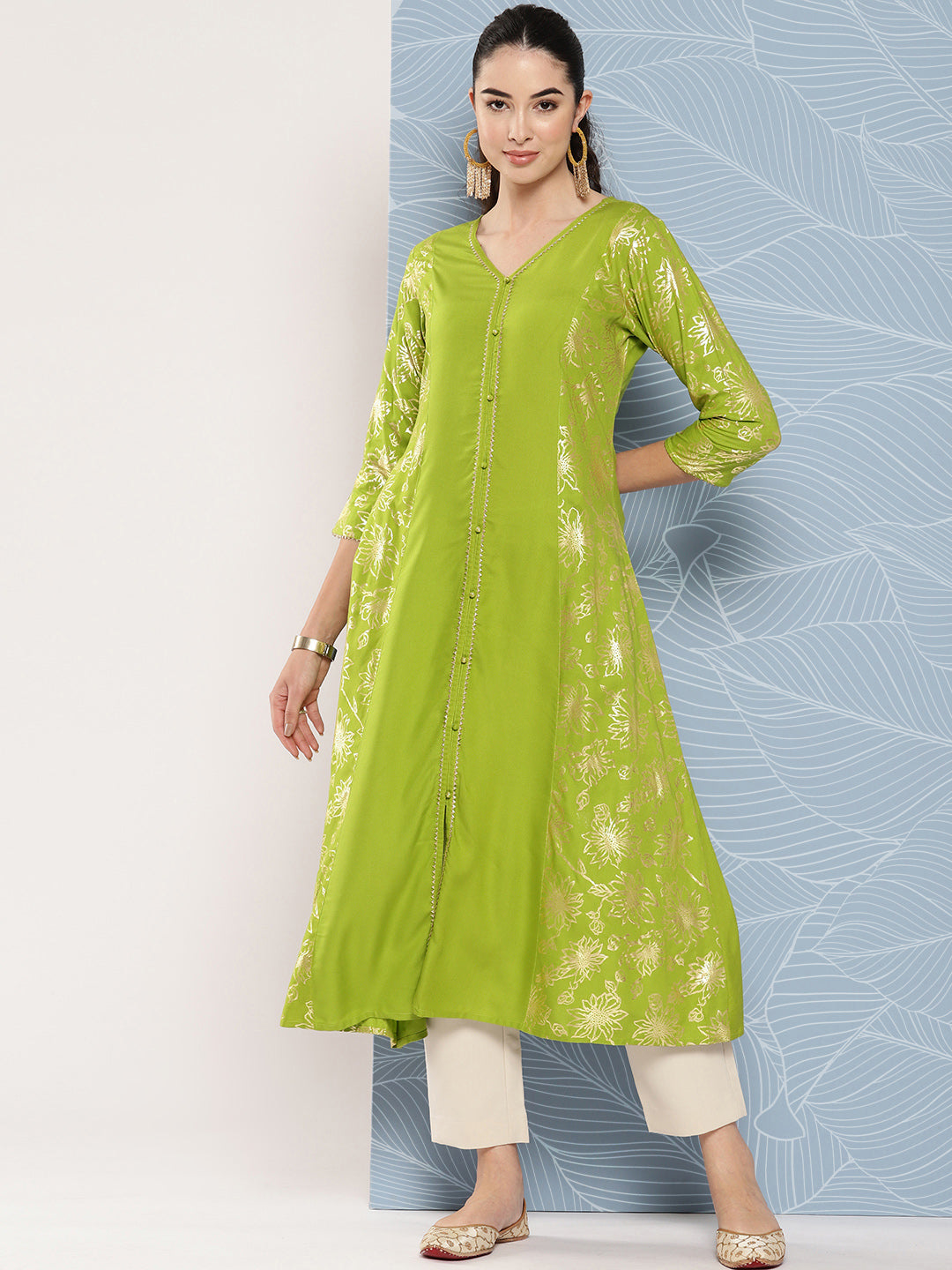 Janasya Women's Lime Green Rayon Foil Printed Festive A-Line Kurta - Distacart