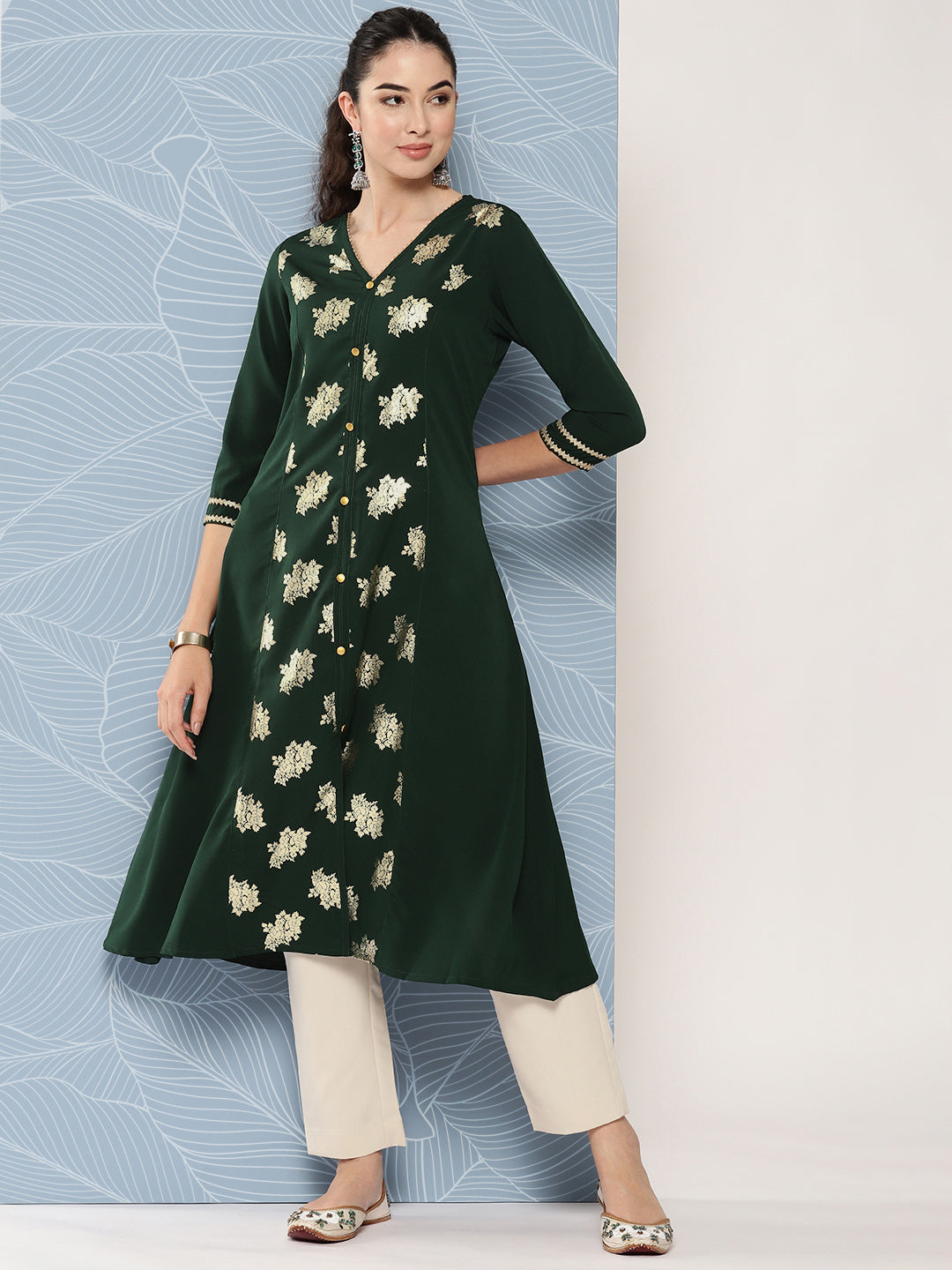 Janasya Women's Bottle Green Crepe Foil Printed Festive A-Line Kurta - Distacart