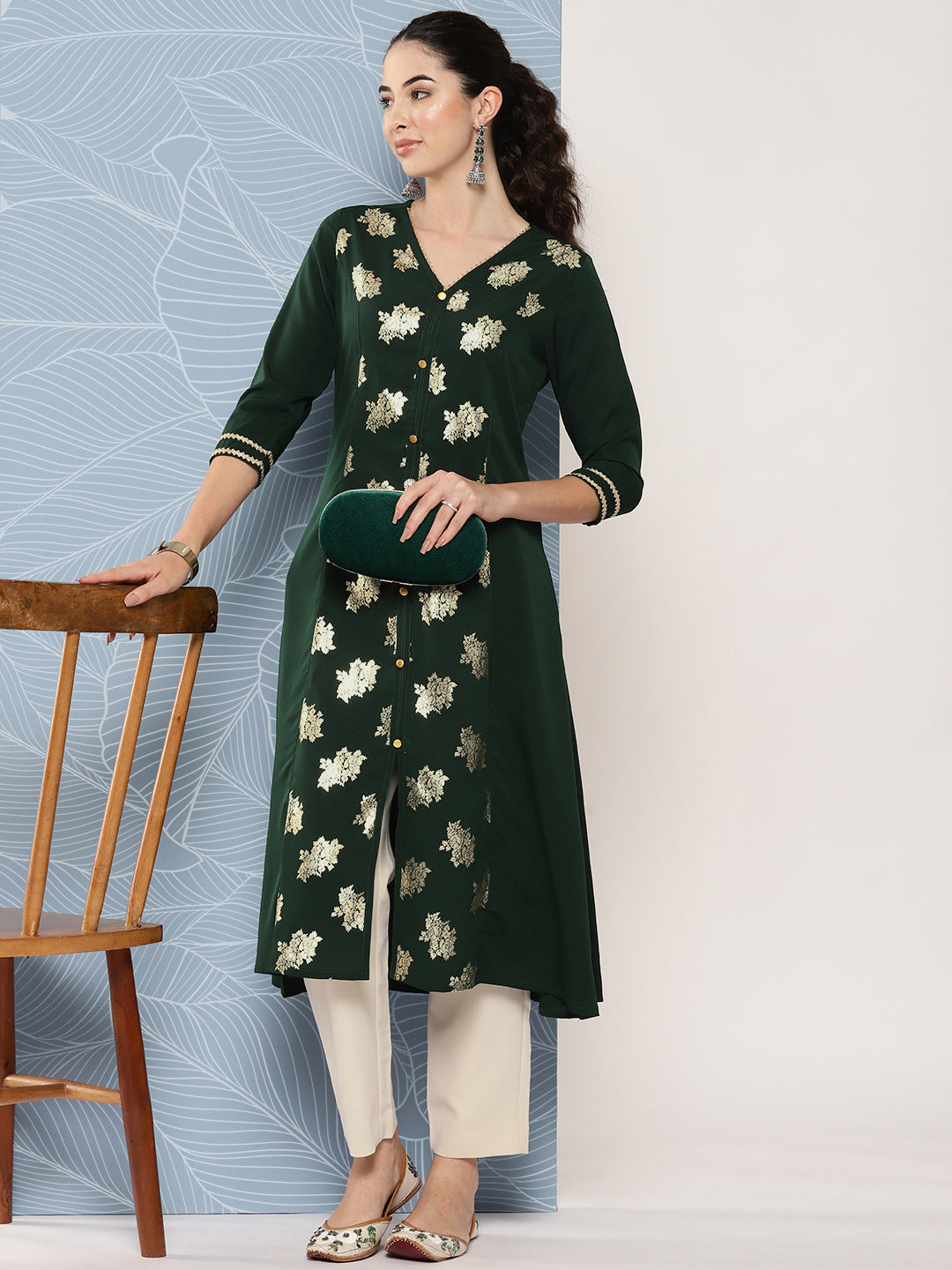 Janasya Women's Bottle Green Crepe Foil Printed Festive A-Line Kurta - Distacart