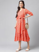 Thumbnail for Janasya Women's Orange Cotton Ethnic Motifs Printed Ruffled Casual Dress - Distacart