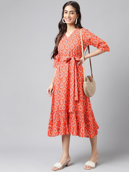 Janasya Women's Orange Cotton Ethnic Motifs Printed Ruffled Casual Dress - Distacart