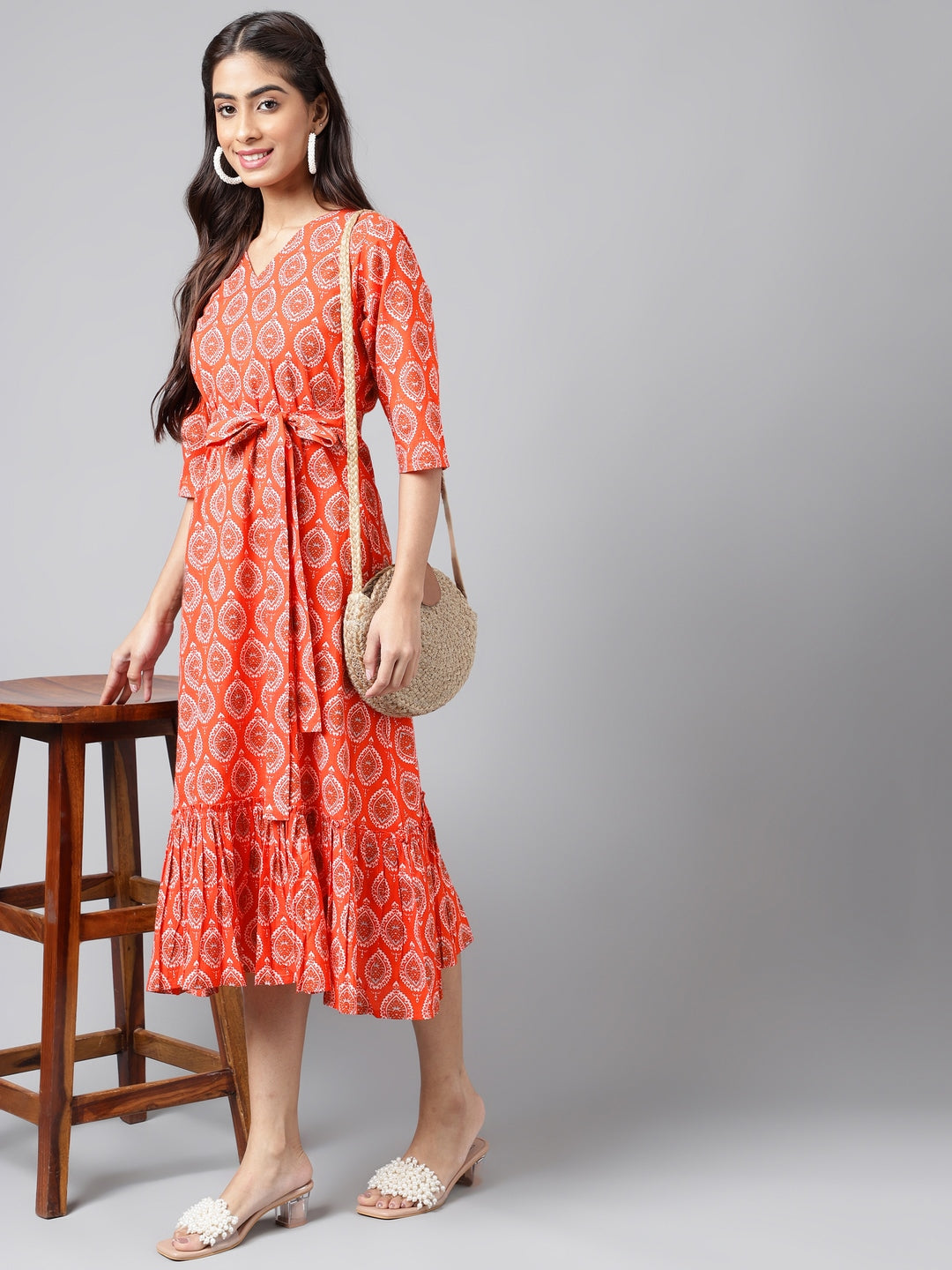 Janasya Women's Orange Cotton Ethnic Motifs Printed Ruffled Casual Dress - Distacart