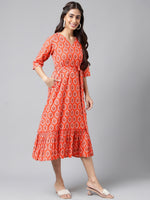 Thumbnail for Janasya Women's Orange Cotton Ethnic Motifs Printed Ruffled Casual Dress - Distacart