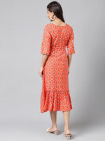 Thumbnail for Janasya Women's Orange Cotton Ethnic Motifs Printed Ruffled Casual Dress - Distacart