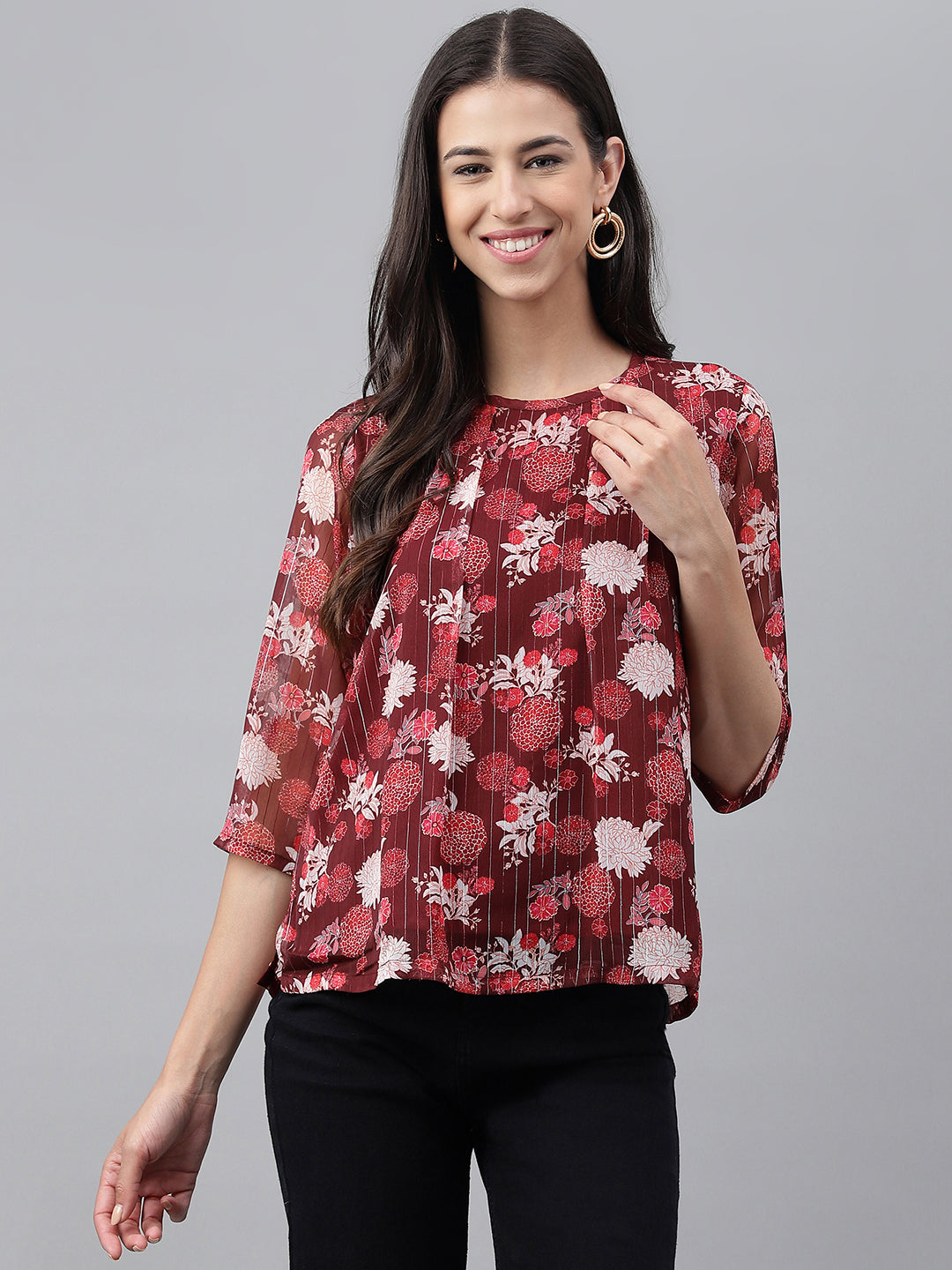 Janasya Women's Maroon Chiffon Lurex Floral Printed Casual Regular Top - Distacart