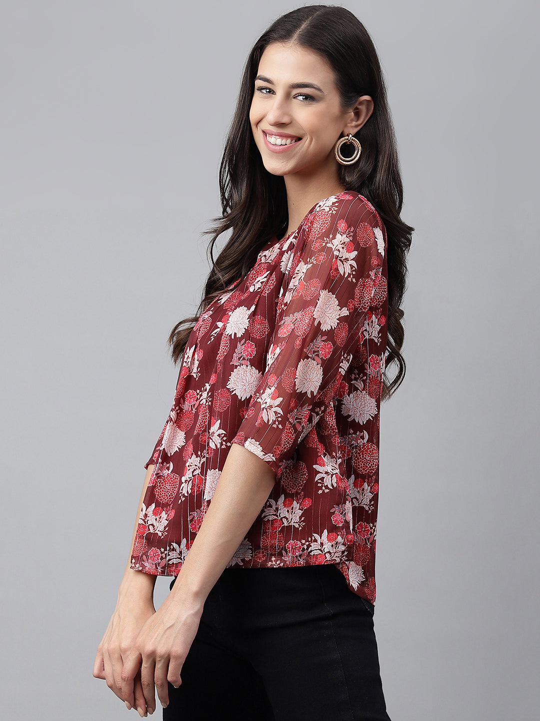 Janasya Women's Maroon Chiffon Lurex Floral Printed Casual Regular Top - Distacart