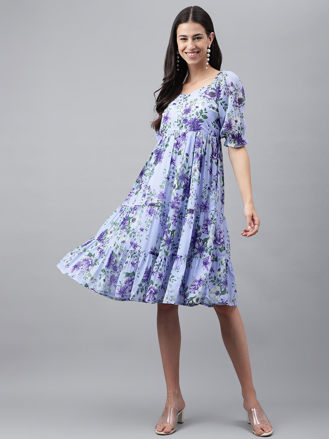 Janasya Women's Lavender Georgette Floral Printed Tiered Casual Dress - Distacart