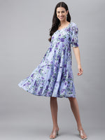 Thumbnail for Janasya Women's Lavender Georgette Floral Printed Tiered Casual Dress - Distacart