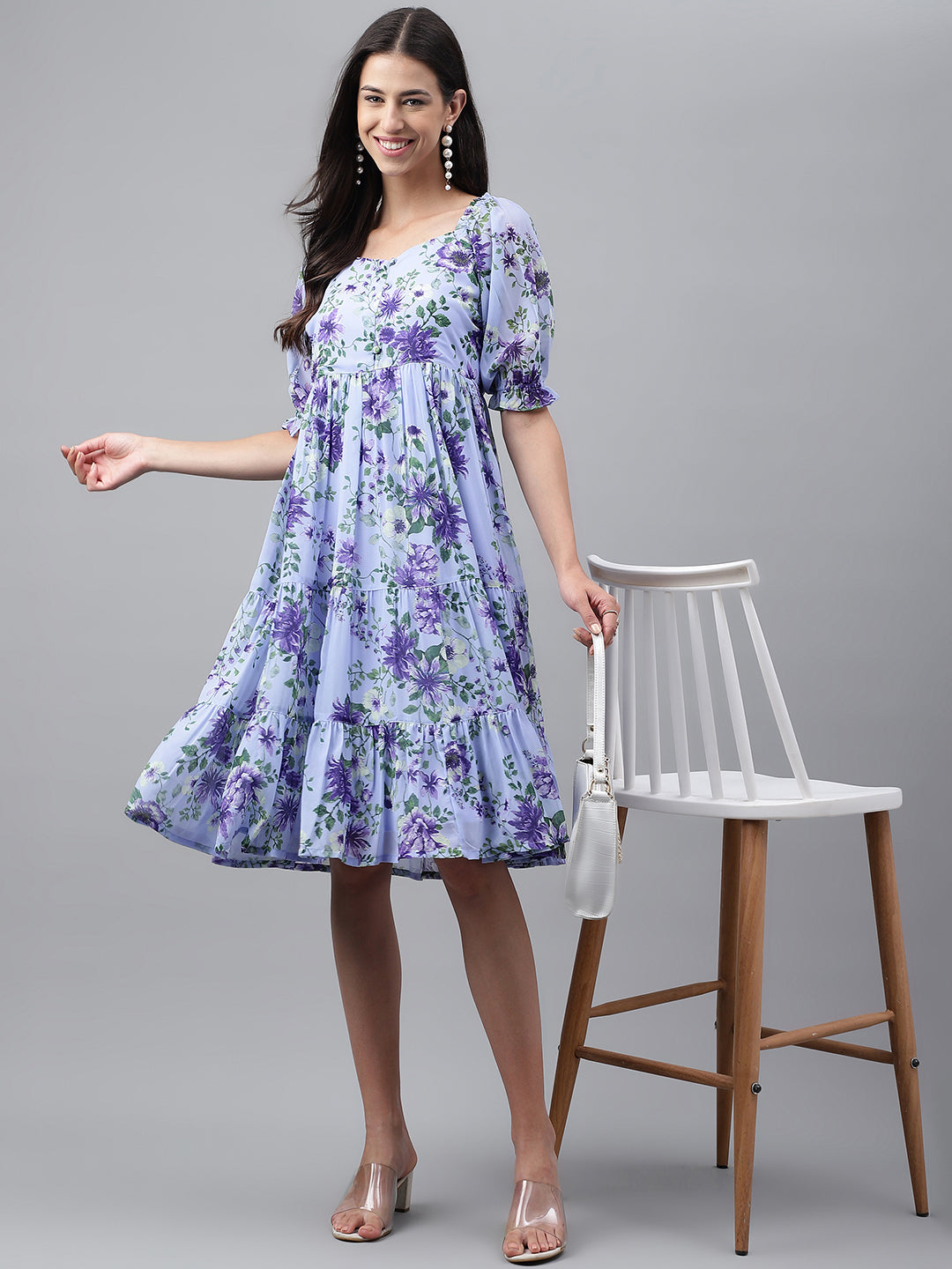 Janasya Women's Lavender Georgette Floral Printed Tiered Casual Dress - Distacart
