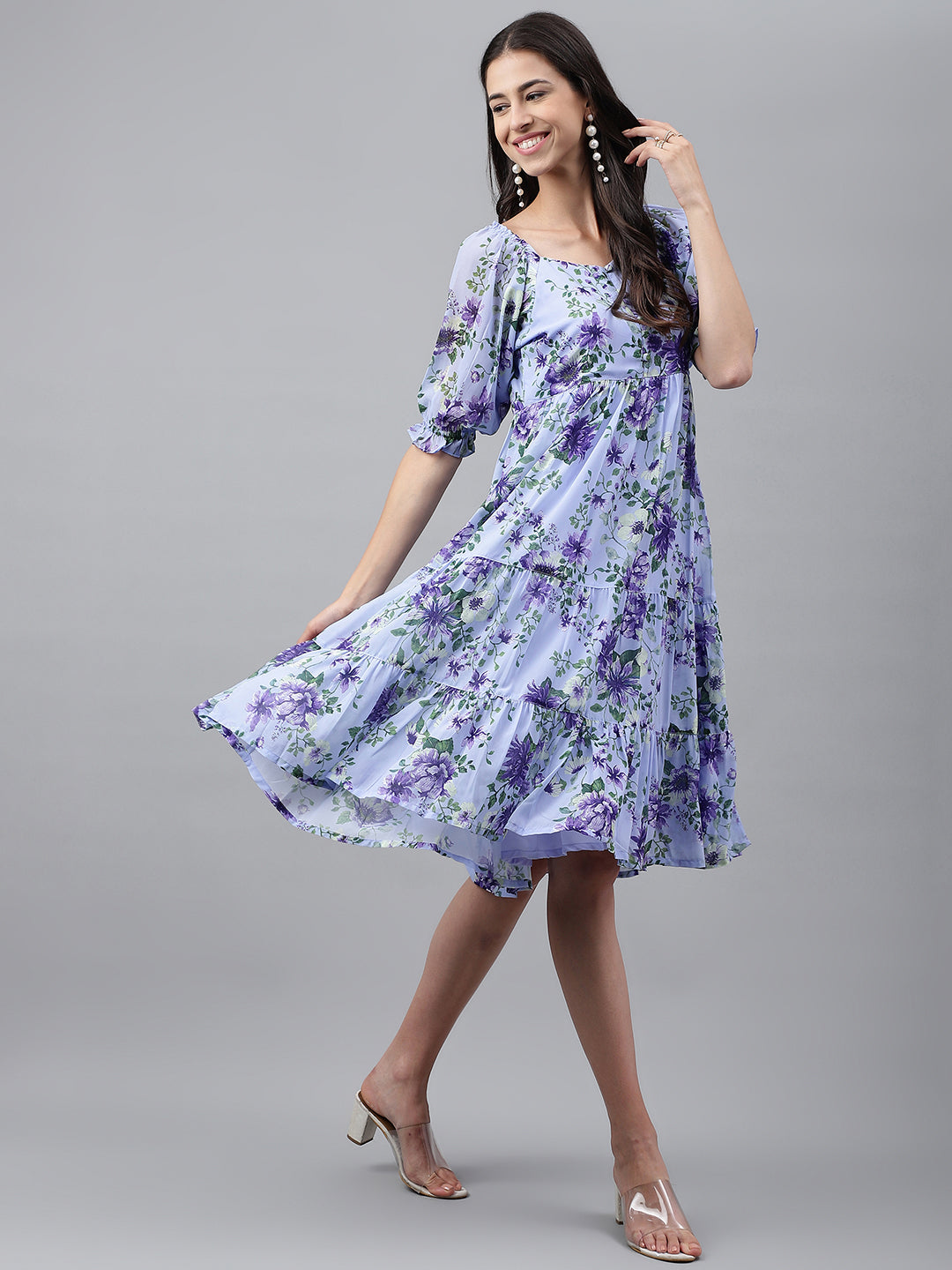 Janasya Women's Lavender Georgette Floral Printed Tiered Casual Dress - Distacart
