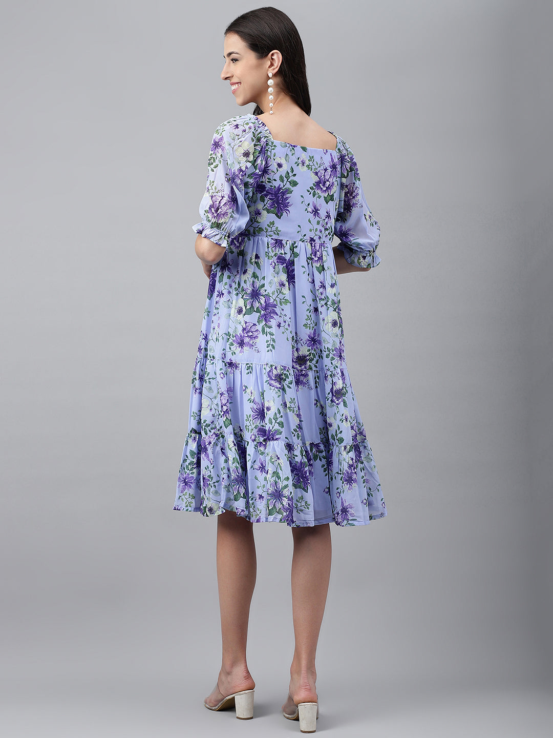Janasya Women's Lavender Georgette Floral Printed Tiered Casual Dress - Distacart
