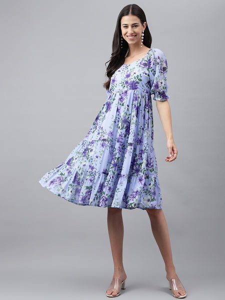 Janasya Women's Lavender Georgette Floral Printed Tiered Casual Dress - Distacart