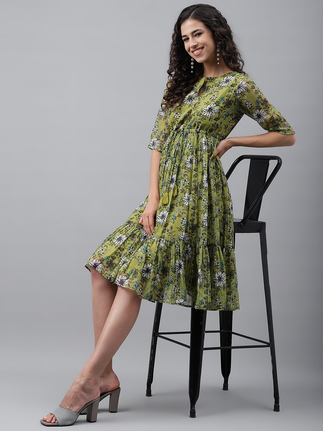 Janasya Women's Olive Green Chiffon Lurex Floral Printed Flared Casual Dress - Distacart