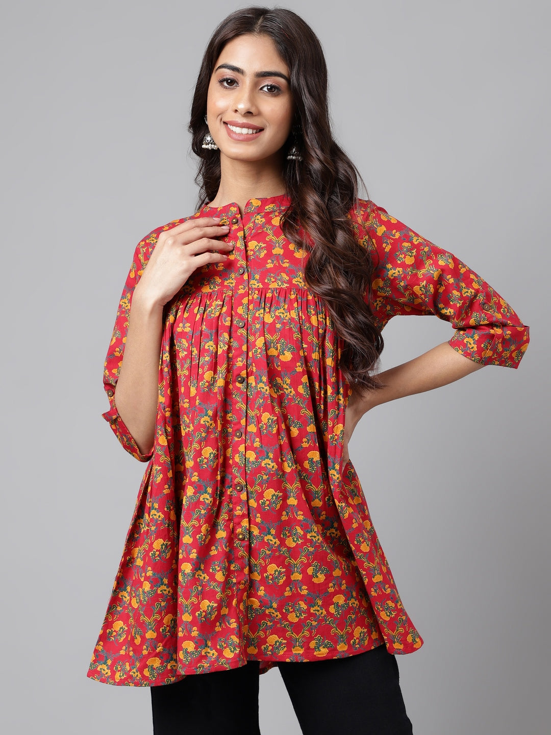 Janasya Women's Red Cotton Floral Printed Casual Empire Tunic - Distacart