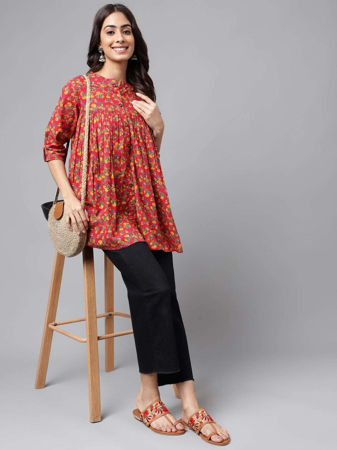 Janasya Women's Red Cotton Floral Printed Casual Empire Tunic - Distacart