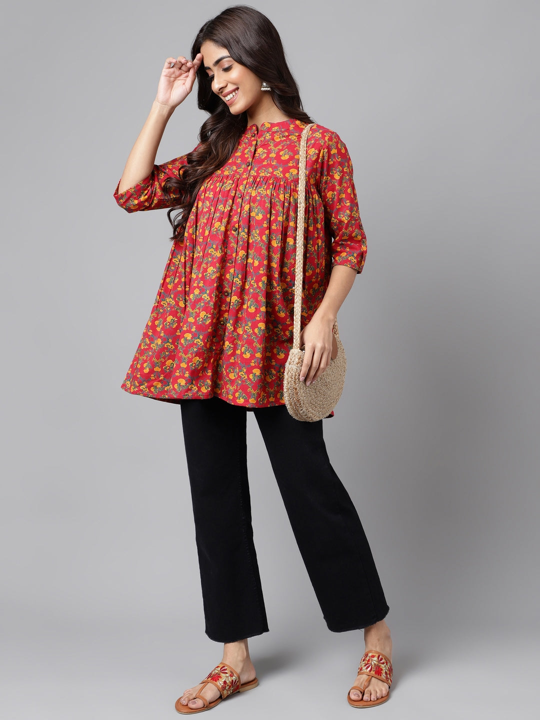 Janasya Women's Red Cotton Floral Printed Casual Empire Tunic - Distacart