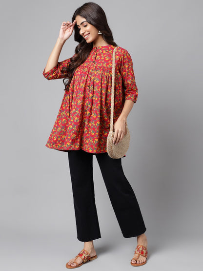 Janasya Women's Red Cotton Floral Printed Casual Empire Tunic - Distacart