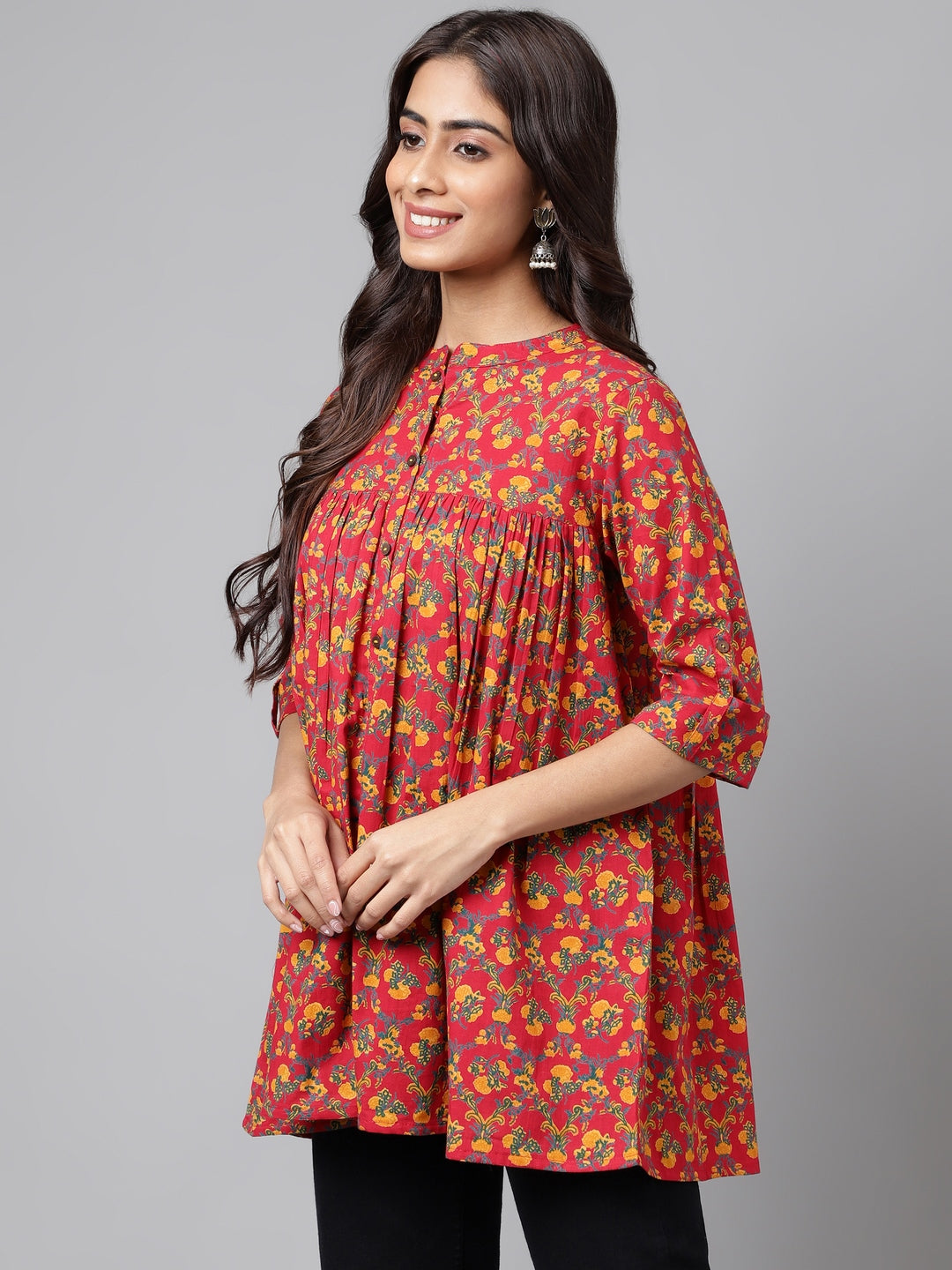 Janasya Women's Red Cotton Floral Printed Casual Empire Tunic - Distacart
