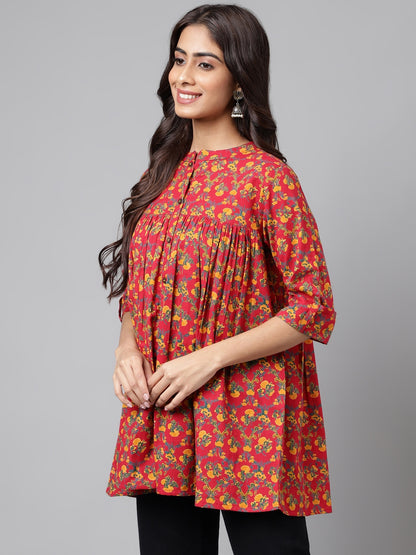 Janasya Women's Red Cotton Floral Printed Casual Empire Tunic - Distacart