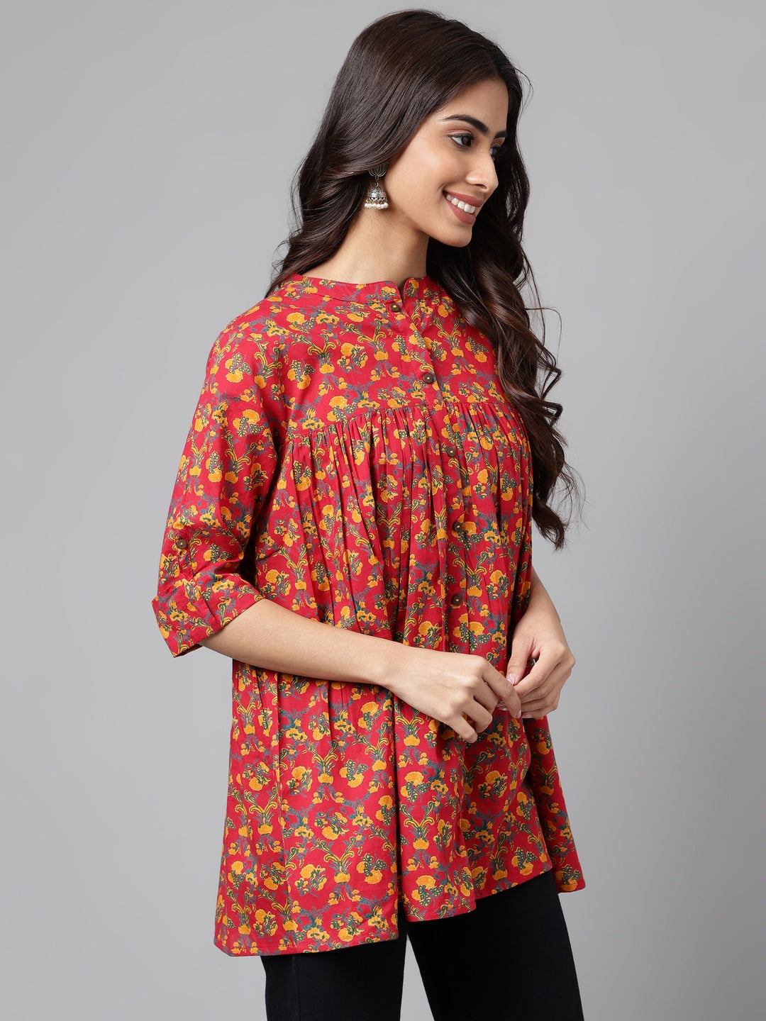 Janasya Women's Red Cotton Floral Printed Casual Empire Tunic - Distacart