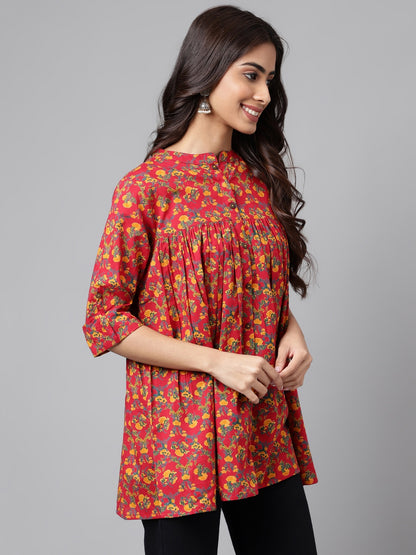 Janasya Women's Red Cotton Floral Printed Casual Empire Tunic - Distacart