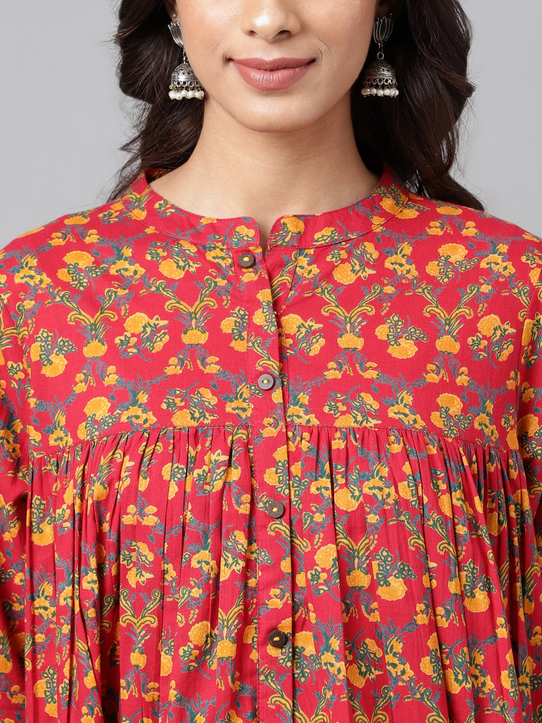 Janasya Women's Red Cotton Floral Printed Casual Empire Tunic - Distacart