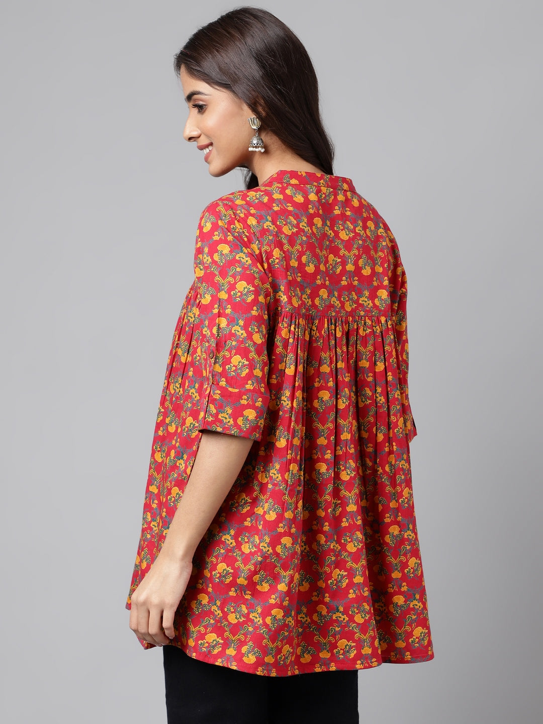 Janasya Women's Red Cotton Floral Printed Casual Empire Tunic - Distacart