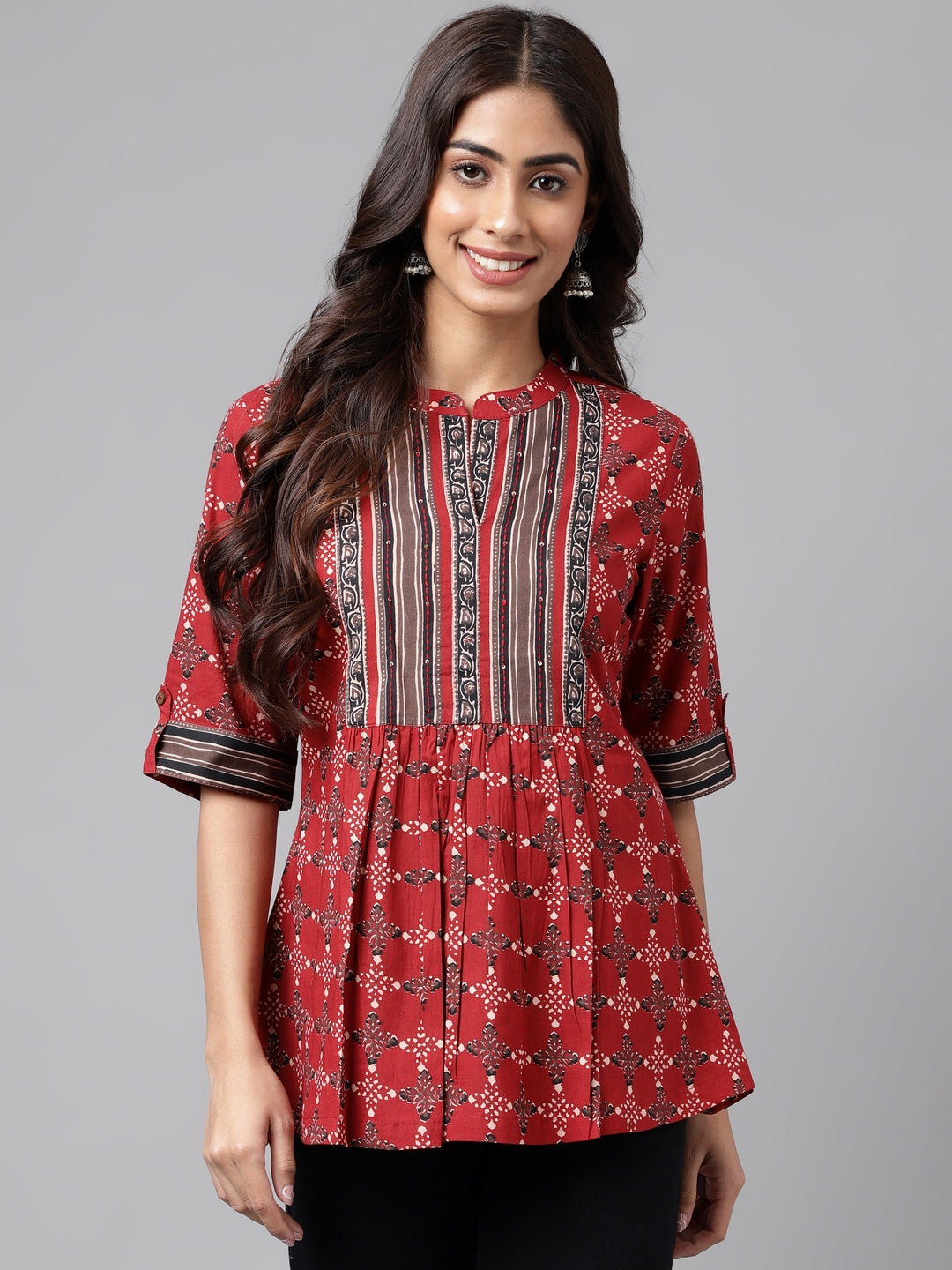 Janasya Women's Maroon Cotton Ethnic Motifs Casual A-Line Top - Distacart