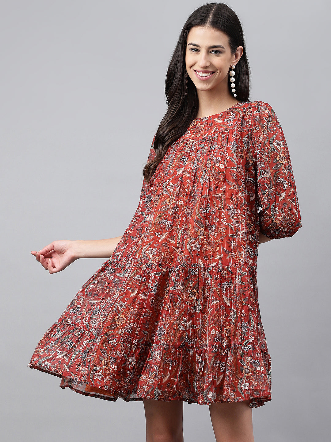 Janasya Women's Rust Chiffon Lurex Floral Printed Tiered Casual Dress - Distacart