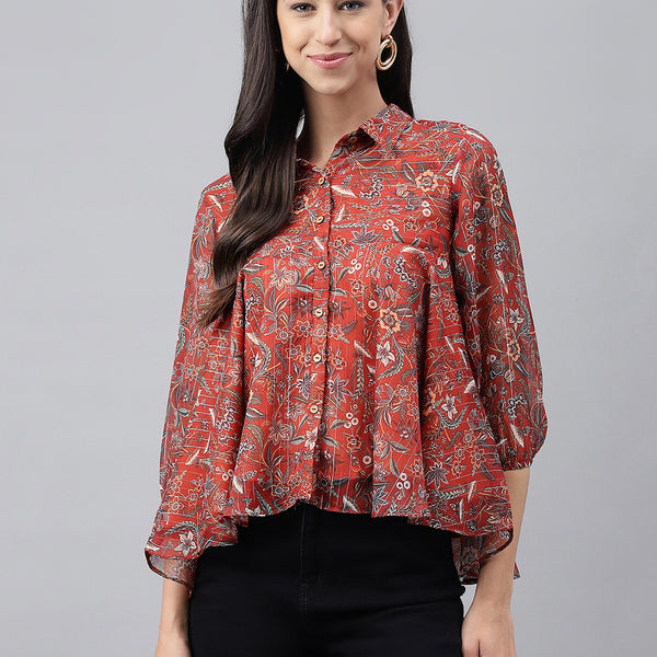 Janasya Women's Rust Chiffon Lurex Digital Printed Casual Flared Top - Distacart