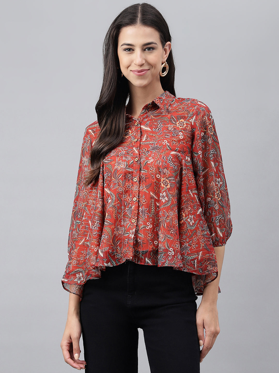 Janasya Women's Rust Chiffon Lurex Digital Printed Casual Flared Top - Distacart