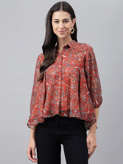 Janasya Women's Rust Chiffon Lurex Digital Printed Casual Flared Top - Distacart