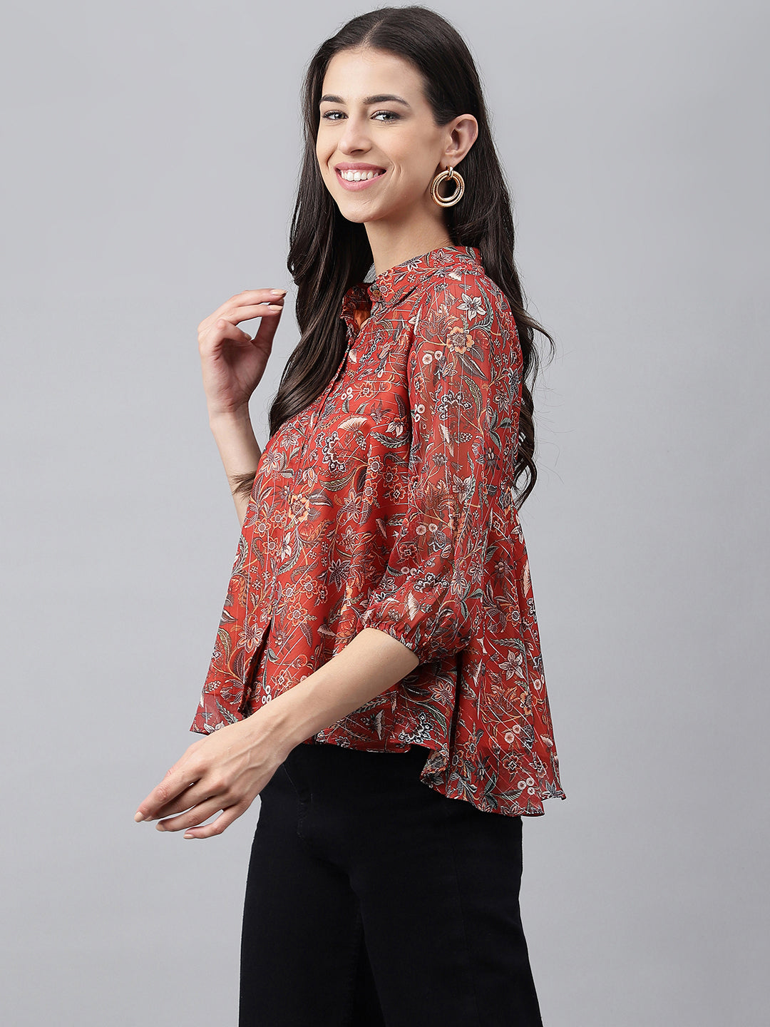 Janasya Women's Rust Chiffon Lurex Digital Printed Casual Flared Top - Distacart