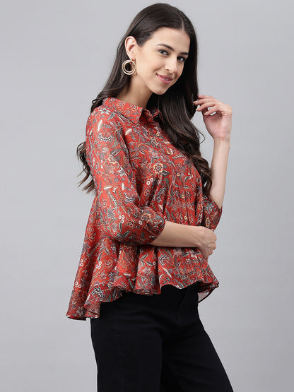 Janasya Women's Rust Chiffon Lurex Digital Printed Casual Flared Top - Distacart