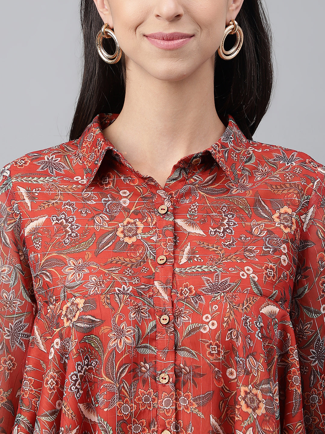 Janasya Women's Rust Chiffon Lurex Digital Printed Casual Flared Top - Distacart