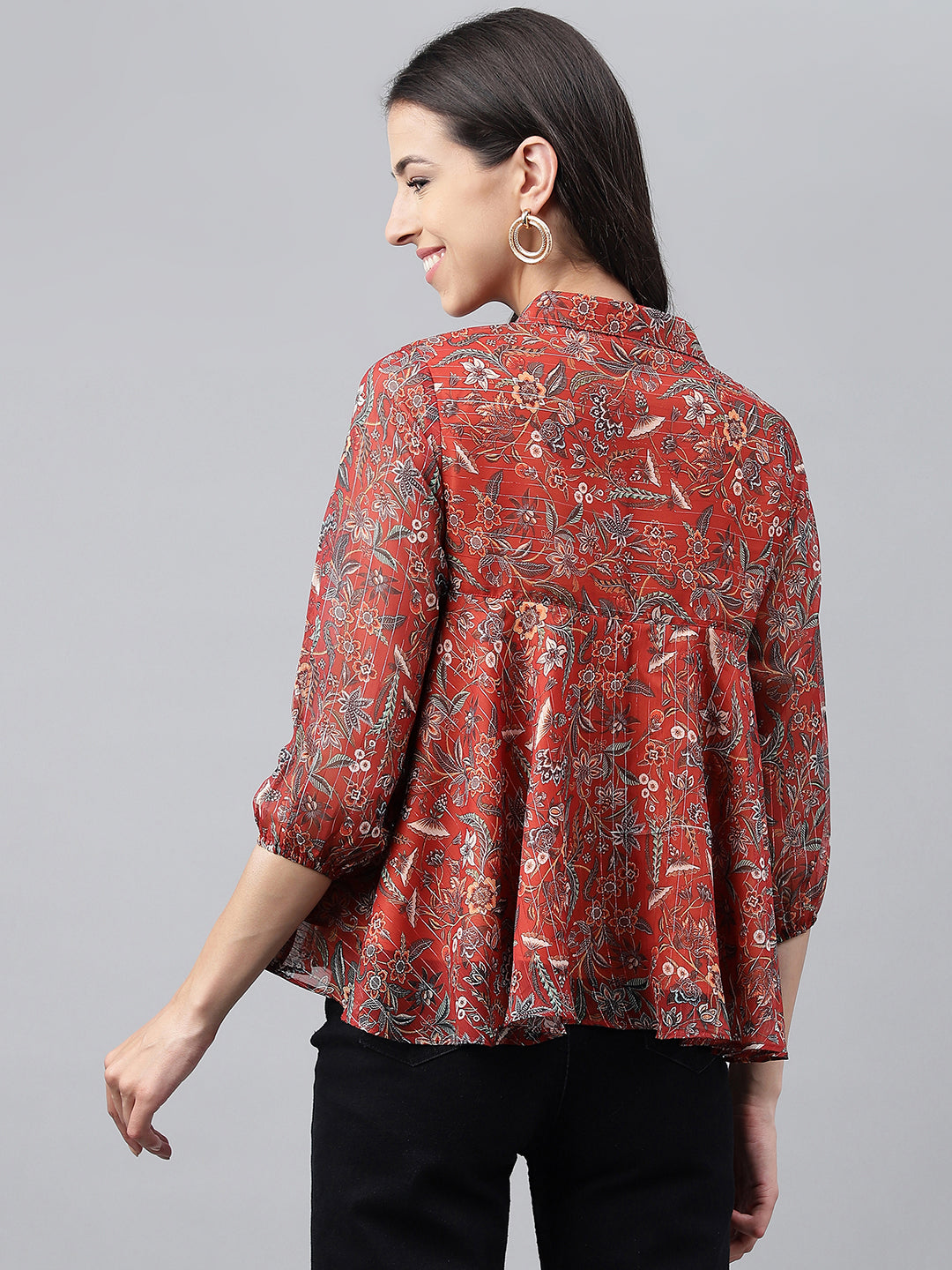 Janasya Women's Rust Chiffon Lurex Digital Printed Casual Flared Top - Distacart