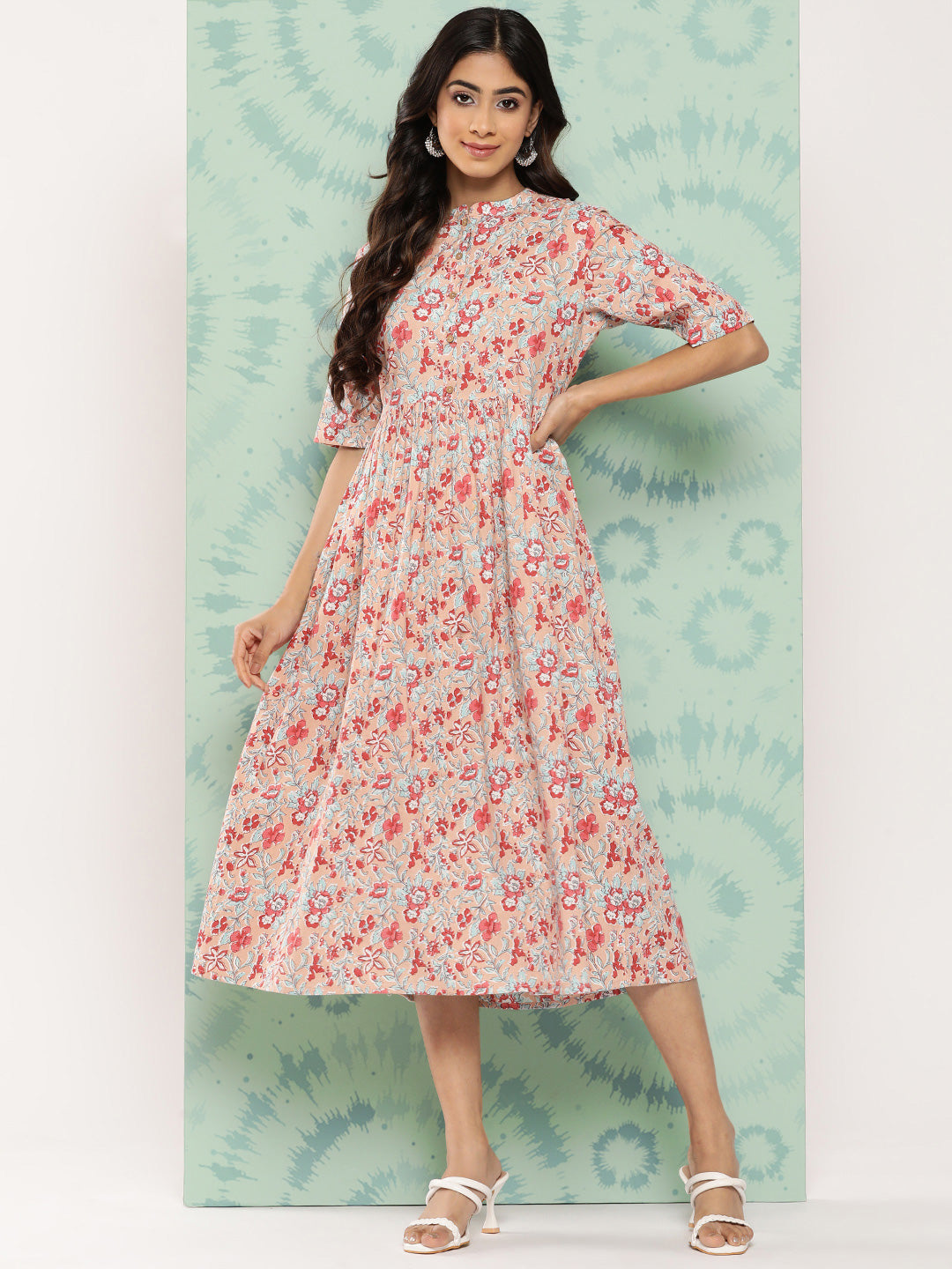 Janasya Women's Peach Cotton Floral Printed Gathered Casual Dress - Distacart