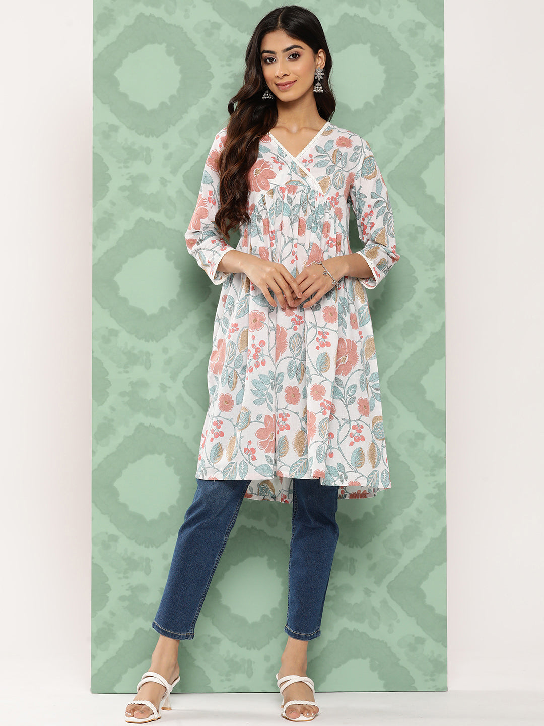 Janasya Women's White Cotton Botanical Print Casual Gathered Tunic - Distacart