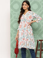 Thumbnail for Janasya Women's White Cotton Botanical Print Casual Gathered Tunic - Distacart