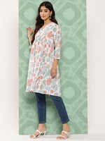 Thumbnail for Janasya Women's White Cotton Botanical Print Casual Gathered Tunic - Distacart