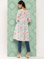 Thumbnail for Janasya Women's White Cotton Botanical Print Casual Gathered Tunic - Distacart