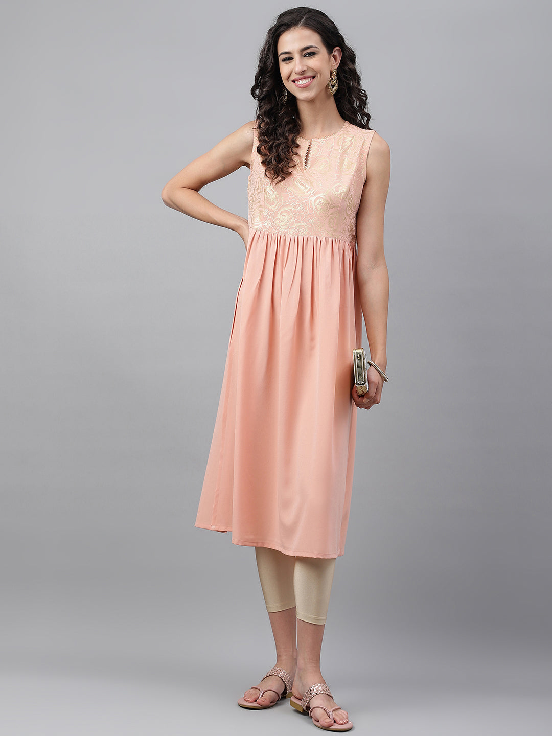 Janasya Women's Peach Crepe Foil Printed Festive Gathered Kurta - Distacart